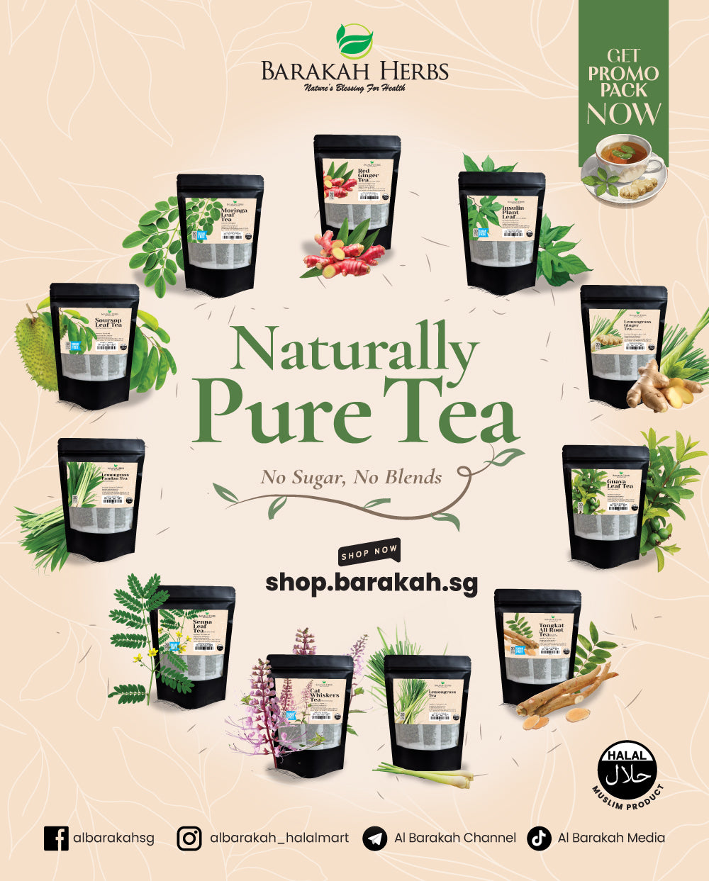 Barakah Herbs, Lemongrass Pandan Tea (Teh Serai Pandan), 30 sac x 3 g