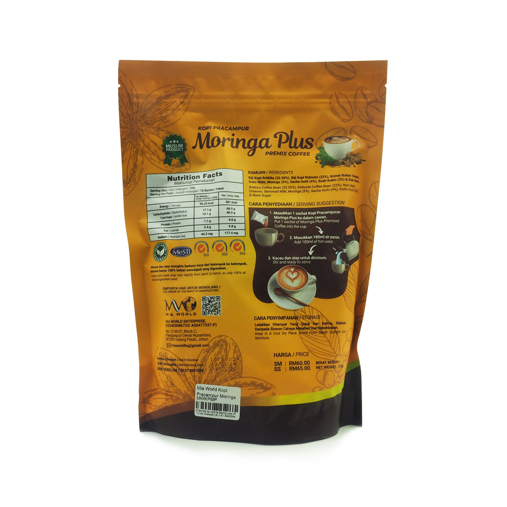 Mia World, Kopi Pracampur Moringa Plus, 15 sachet x 25 g