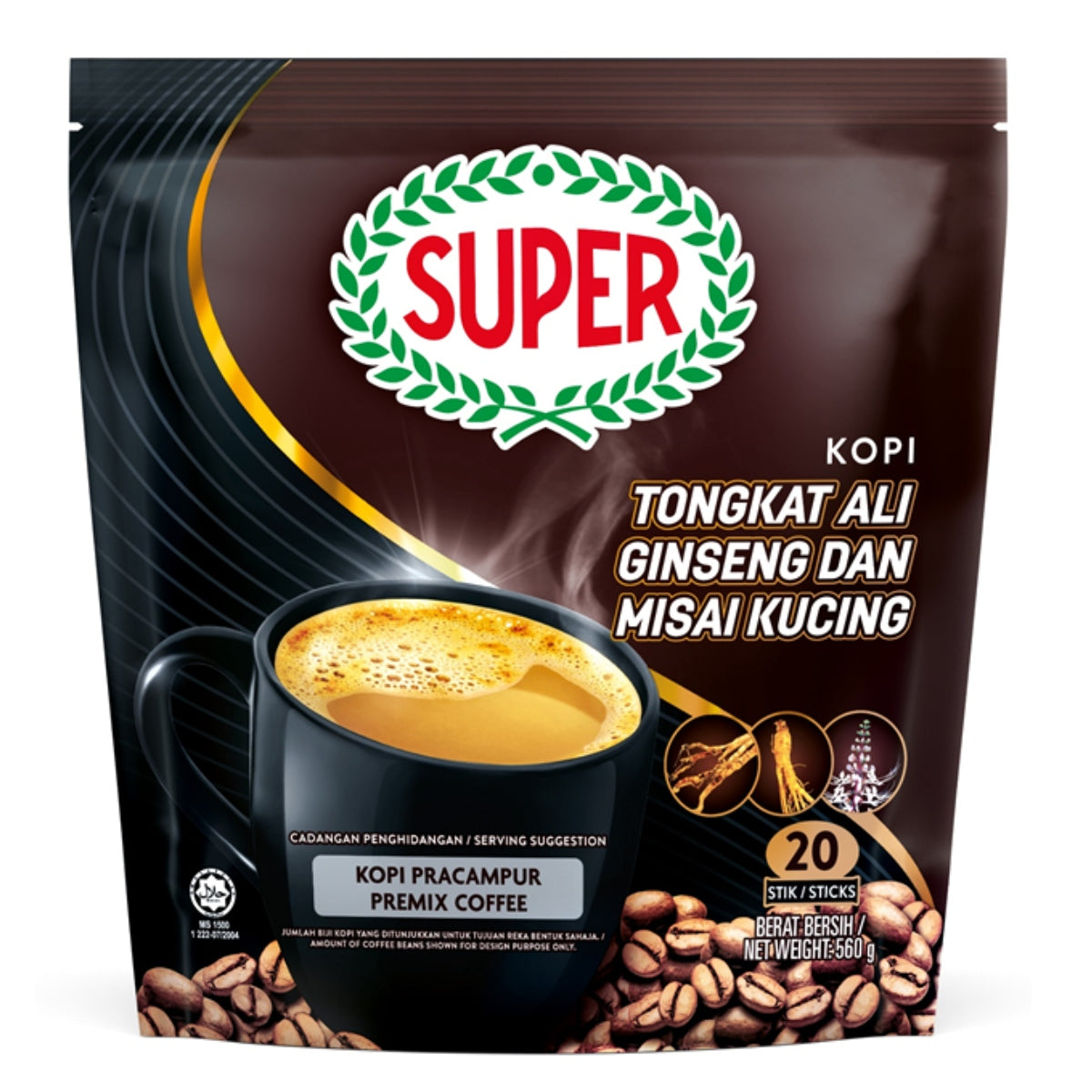 Super Power, Kopi Tongkat Ali Ginseng Dan Misai Kucing 6 in 1, 20 sachets X 30 g