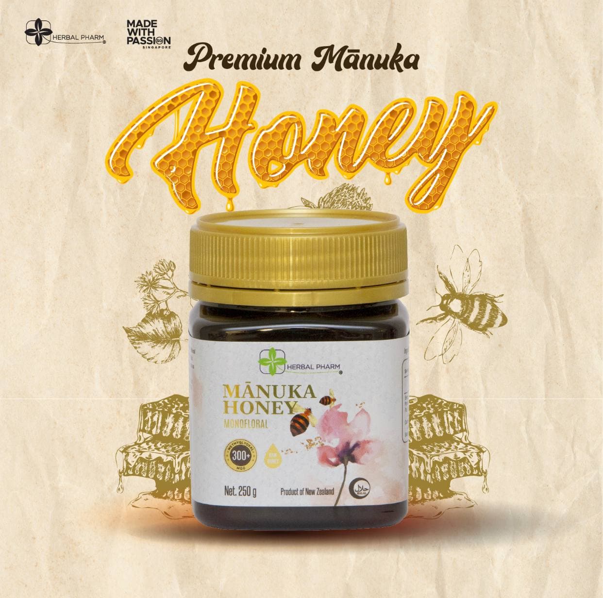 Herbal Pharm, Manuka Honey Monofloral, MGO 300+, 250 g