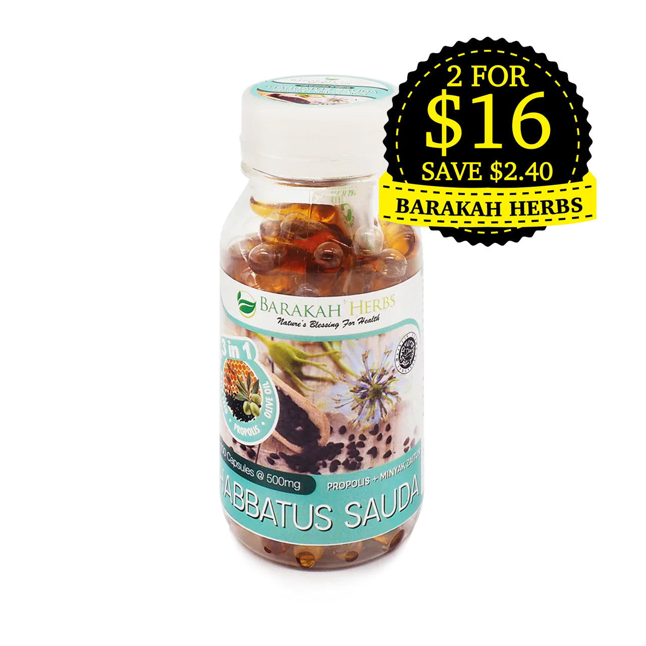 Barakah Herbs, Habbatus Sauda, with Propolis + Zaitun, 100 capsules